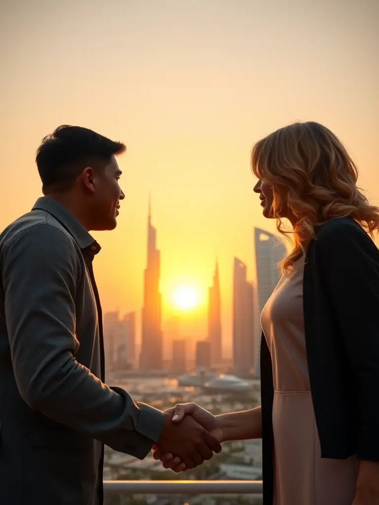 A handshake between two people in front of the UAE skyline, symbolizing the successful outcome of obtaining residency with EJ Enterprises' help.