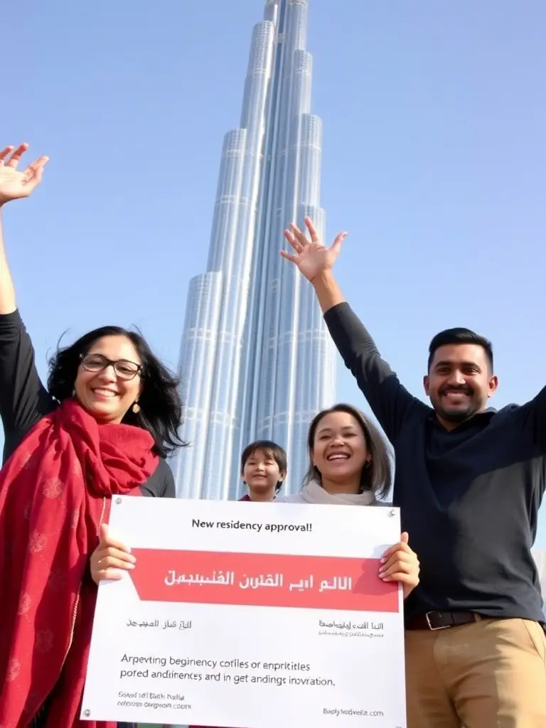 An engaging image of a family celebrating their residency approval in front of a landmark in Dubai, showcasing EJ Enterprises' immigration services.