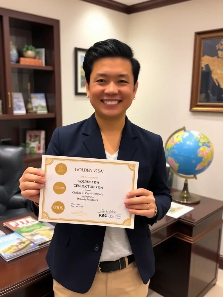 A person receiving a Golden Visa certificate, symbolizing the long-term residency and benefits, in the context of EJ Enterprises' Golden Visa services.