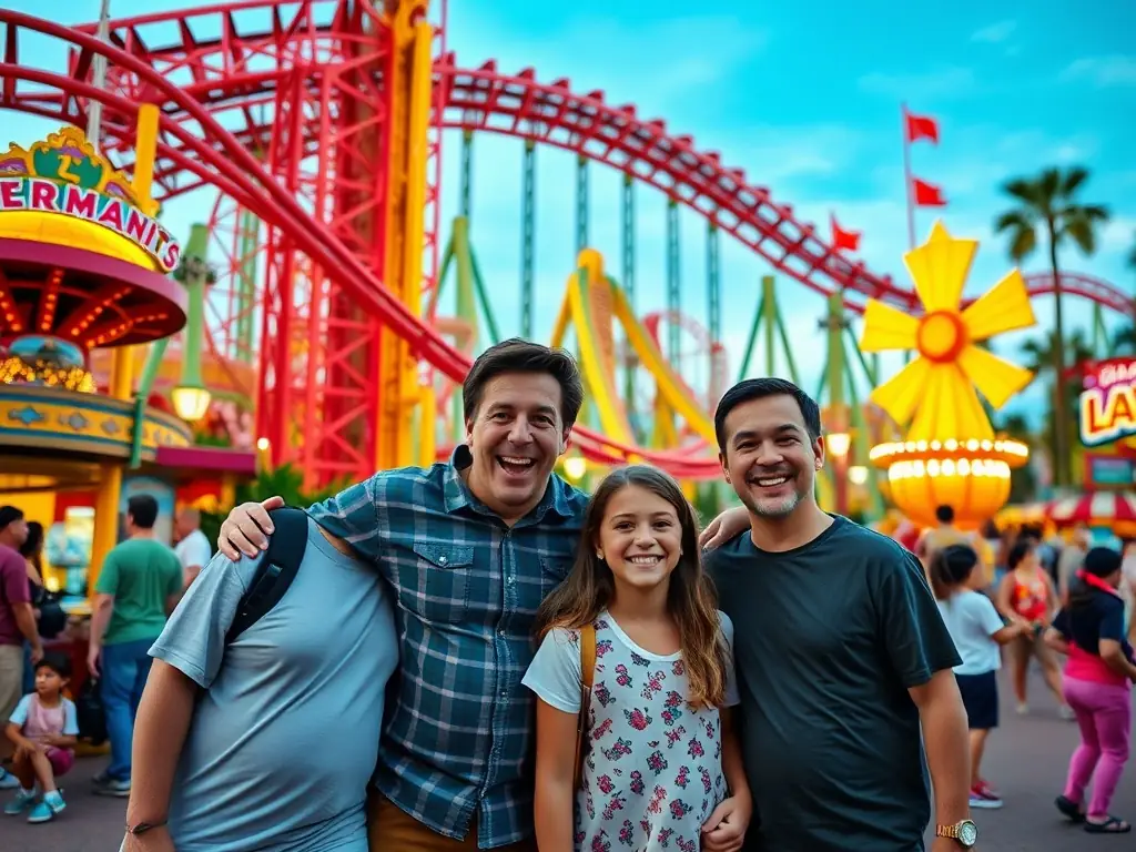 A family enjoying a fun-filled day at a theme park, showcasing a family vacation package. Children are laughing and smiling as they ride roller coasters and enjoy various attractions.