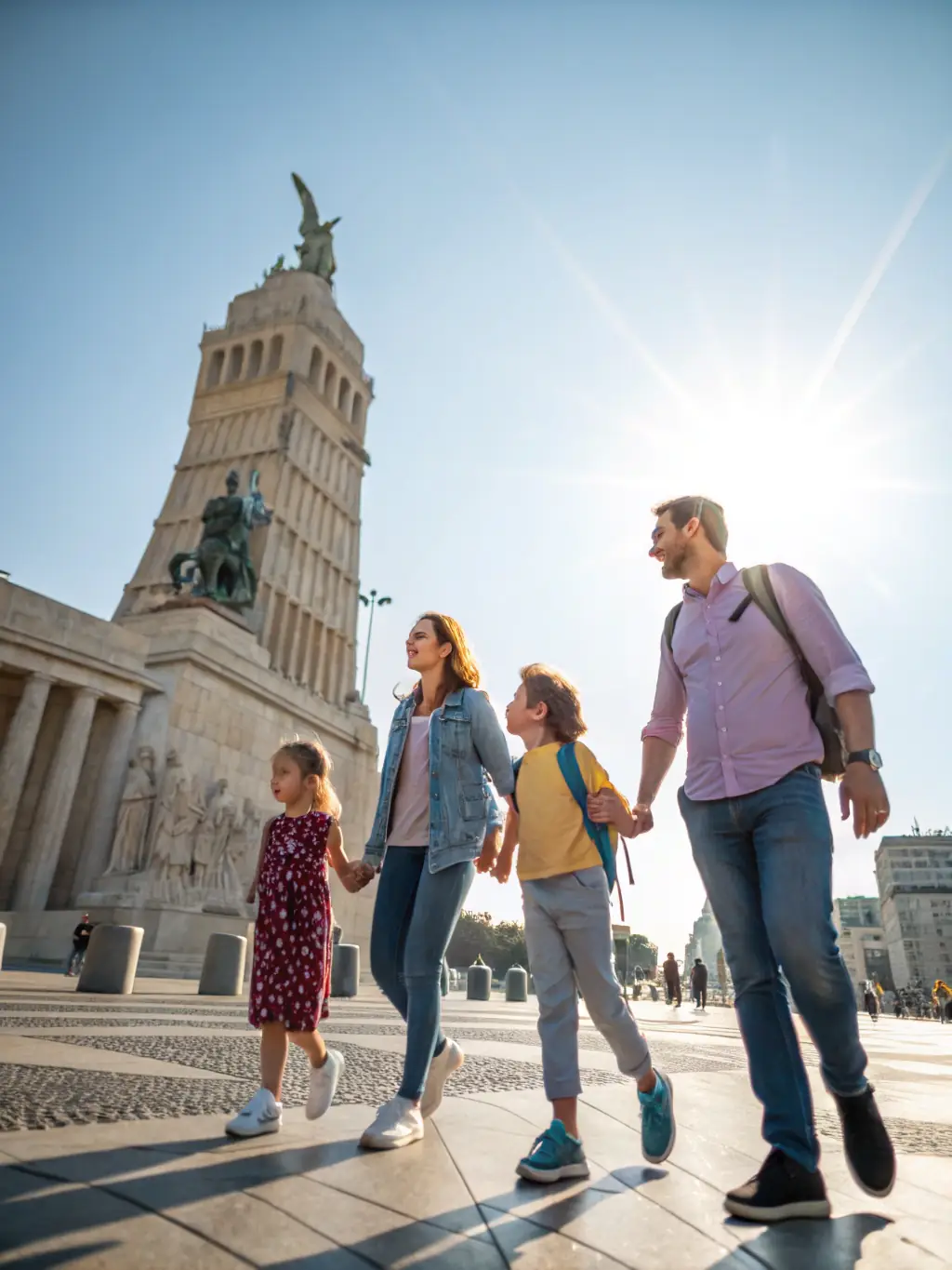 A family happily exploring a landmark in the UAE, symbolizing EJ Enterprises' support for family visit visa applications.