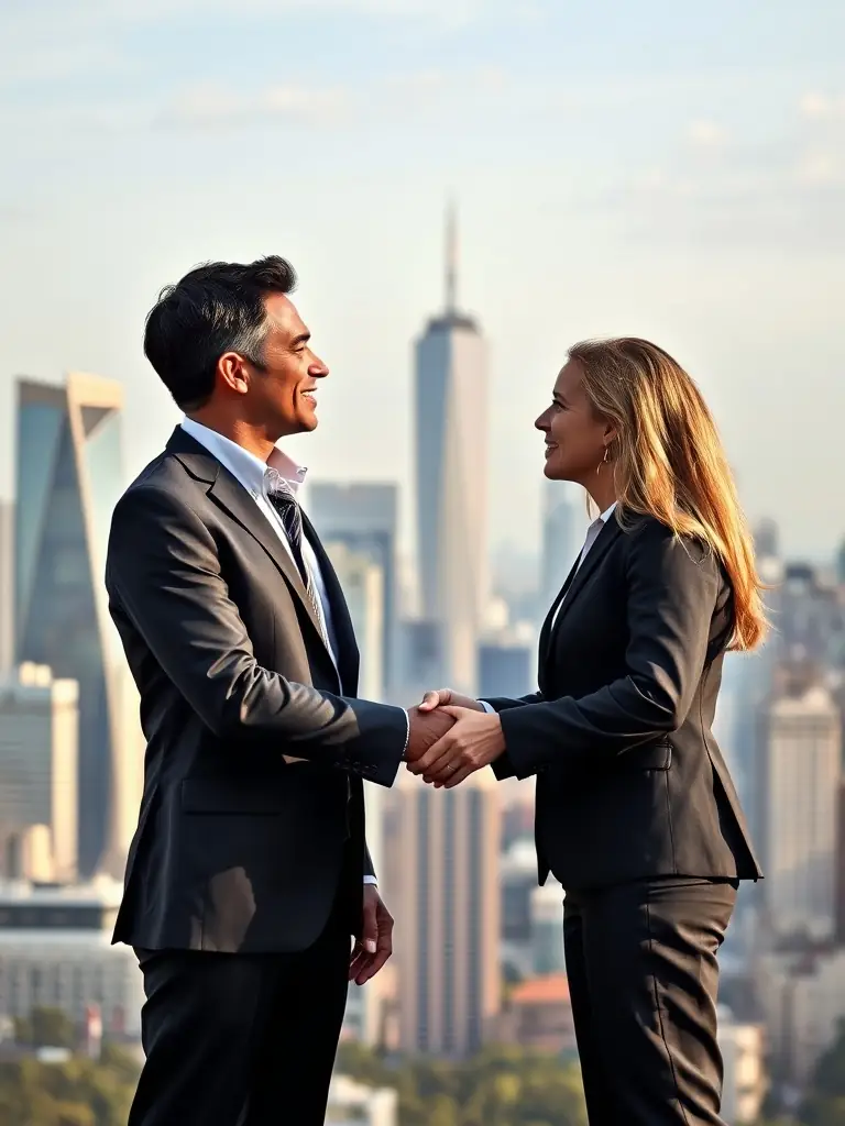 A businessman shaking hands with a local partner in Dubai, symbolizing successful business partnerships and growth opportunities.