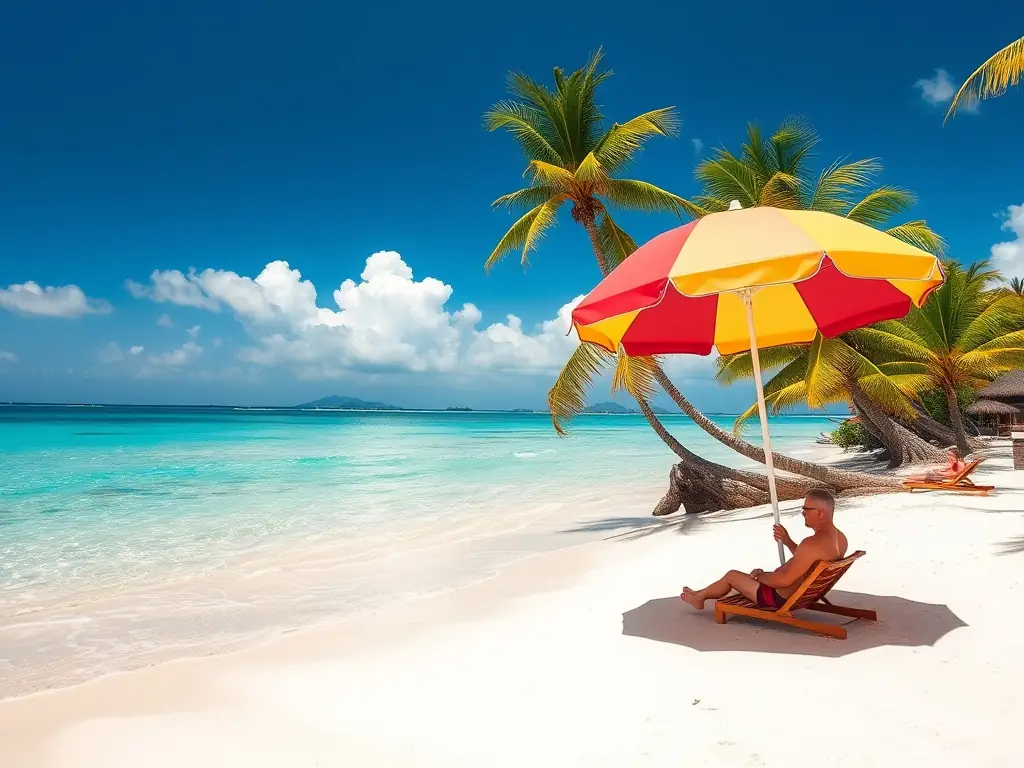 A serene beach scene with crystal clear water and white sand, showcasing a tropical vacation destination. Palm trees sway gently in the breeze, and a couple relaxes in beach chairs under an umbrella.