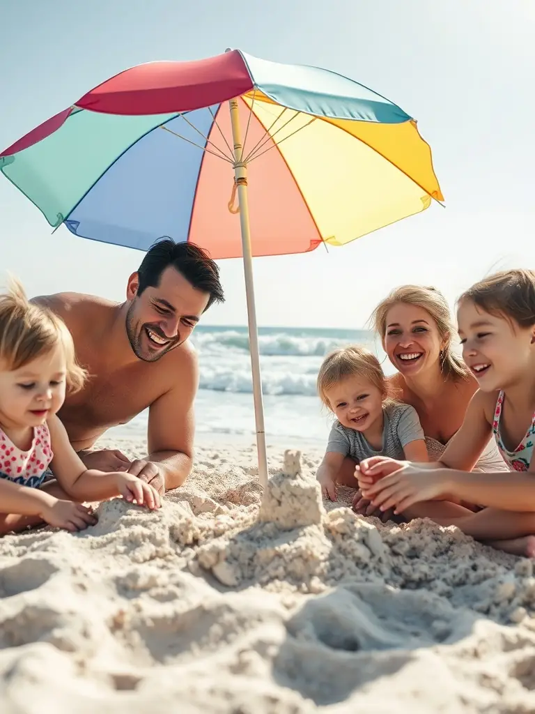 A vibrant image showcasing a family enjoying a vacation at a beautiful beach destination, representing EJ Enterprises' travel services.