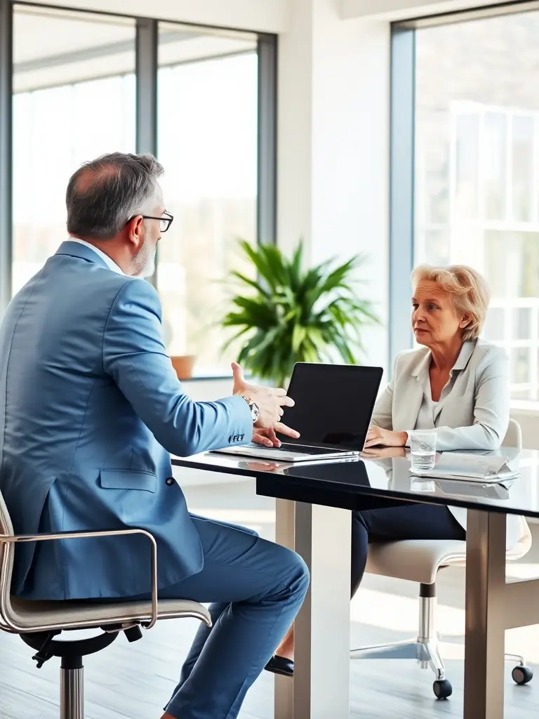 A consultant advising a client in a modern office setting, emphasizing the personalized consulting services offered by EJ Enterprises.