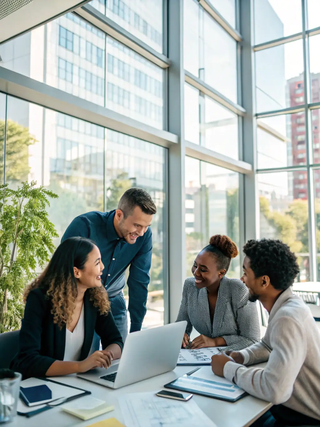 A diverse team working collaboratively in a modern office, representing the multicultural business environment of the UAE.