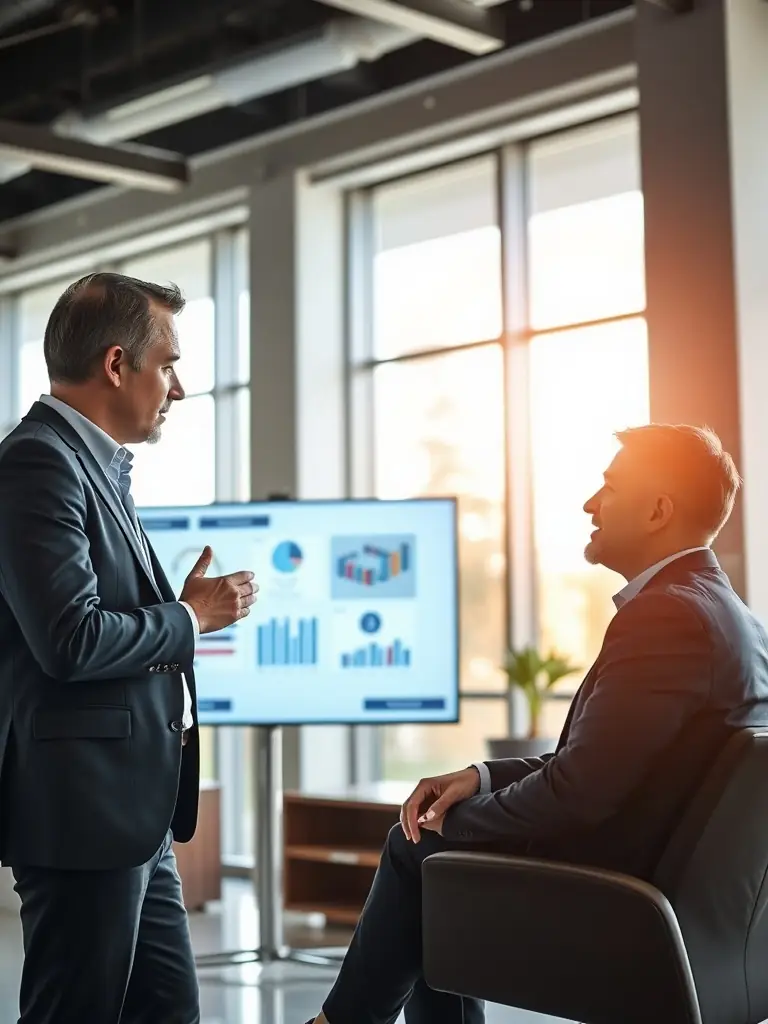 A professional image of a business consultant discussing plans with a client in an office setting, representing EJ Enterprises' business setup services.